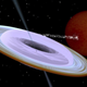 A purple disk conceals a black hole ejecting material at an angle.